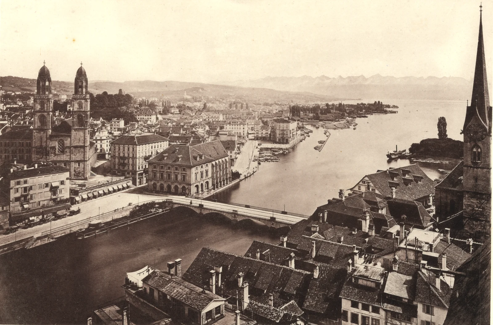 Blick vom Turm der St. Peter-Kirche Richtung Zürichhorn, um 1875